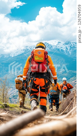 First responders guide rescue efforts in mountainous terrain after natural disaster 126704959