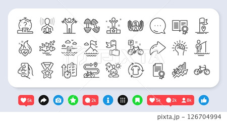 Certificate, Swimming pool and Leadership line icons pack. Social media: share, comment, like icons. Flag, Winner ribbon, Empower web icon. Cardio training, Bicycle, Quiz pictogram. Vector 126704994