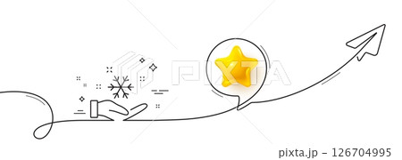 Freezing hand line icon. Continuous line with share plane. AC cold temperature sign. Fridge function symbol. 3d star in speech bubble. Freezing single line ribbon. Loop curve pattern. Vector 126704995