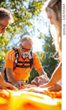 Paramedics provide lifesaving CPR to middle aged man in outdoor emergency situation 126705064