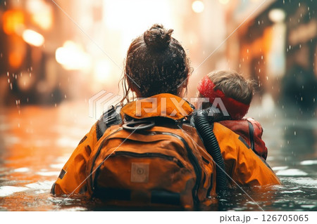 Female rescue diver assists child in flooded urban area during emergency response Female rescue diver assists child in flooded urban area during emergency response 126705065