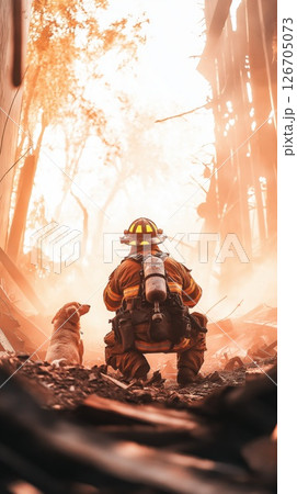 Firefighter bravely rescues a dog from the aftermath of a collapsed building during a blaze 126705073