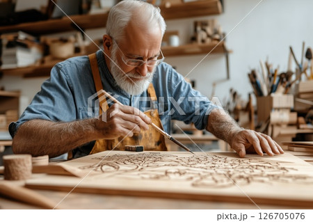Middle aged man focuses on woodburning art in a workshop filled with crafting tools 126705076