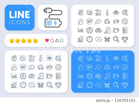 Balloon dart, Shields and Research line icons for web app. Message, Share, Like social media icons. Pack of Battery, 360 degrees, Diesel station pictogram icons. Vector 126705101
