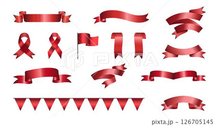 A large set consisting of red award ribbons of various shapes, flag, garlands, loop ribbons. Luxury label, badge premium quality certificate ribbon. Collection of Different Empty Red Ribbon, Label  126705145