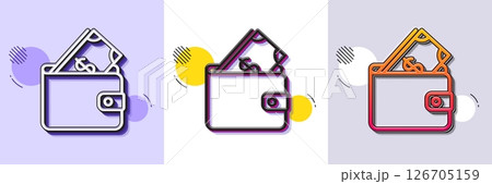 Wallet with Cash money line icon. Halftone dotted pattern. Gradient icon with grain shadow. Dollar currency sign. Payment method symbol. Line wallet icon. Various designs. Vector 126705159