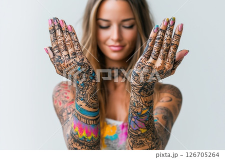 Woman of Middle Eastern descent showcasing intricate henna artistry on her hands 126705264