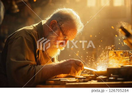 Crafting a knife in the warm glow of a workshop with sparks flying Crafting a knife in the warm glow of a workshop with sparks flying 126705284