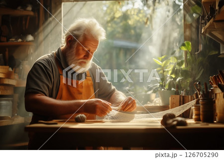 Man tying knots for a fishing net in a sunlit workshop during the afternoon 126705290