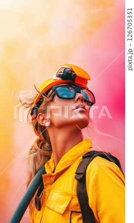 Female firefighter with hose in colorful smoke during training exercise 126705351