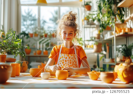Teenage girl creates colorful designs on homemade pottery in a bright studio 126705525