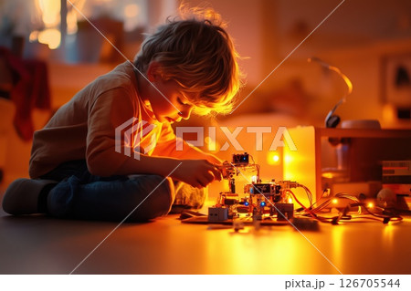 Young boy engages in creative DIY robotics project in a cozy indoor space during evening 126705544