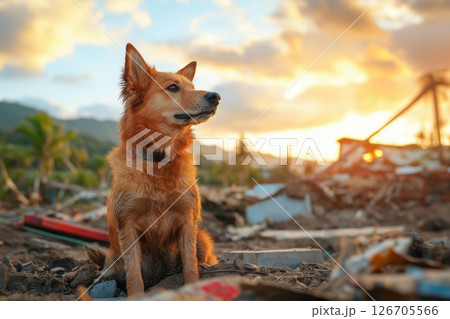 Rescue dog searching for survivors at disaster site during sunset 126705566