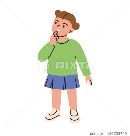 Vector illustration of thoughtful girl thinking with curious expression. Flat cartoon child with confusion, hesitation, cute puzzled schoolgirl for childrens books, posters, educational materials 126705749