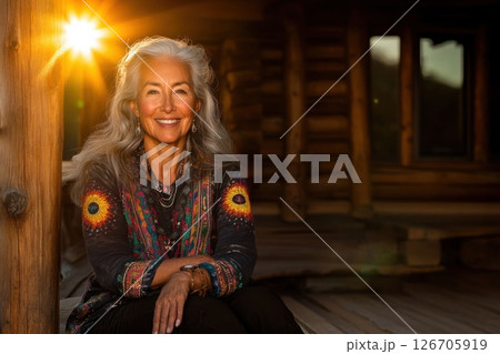 Relaxed woman enjoying the sunlight on a wooden porch in her sixties 126705919