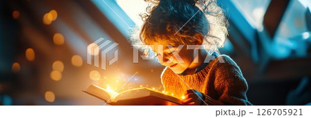 Young girl experiences magic in a dimly lit attic while reading a glowing book 126705921
