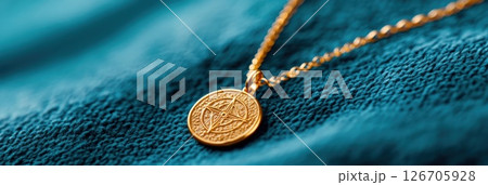 Delicate gold necklace featuring an astrological symbol on a velvet background 126705928