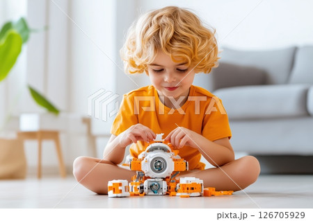 Young boy engaged in assembling a small robot from a DIY kit in a bright living room setting 126705929