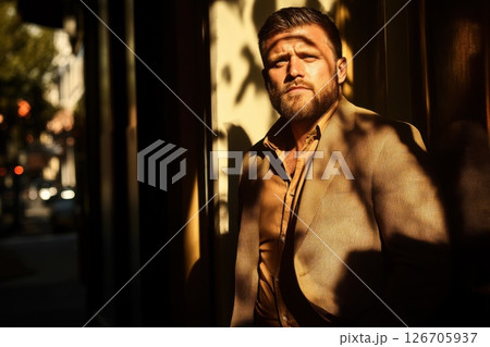 Determined man navigating a bustling city street under bright midday sun 126705937
