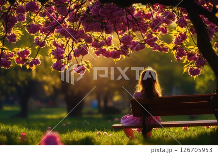 Girl enjoys serene moment on park bench under blooming cherry tree during golden hour 126705953