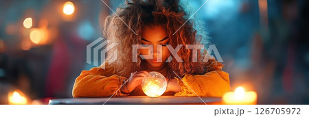 Young woman gazes at crystal ball in candlelit mystical setting 126705972