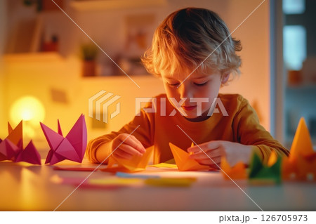 Young boy enjoys crafting colorful origami animals in cozy indoor setting 126705973