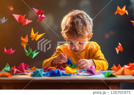 Young boy creates colorful origami animals in a bright workshop during the afternoon 126705975
