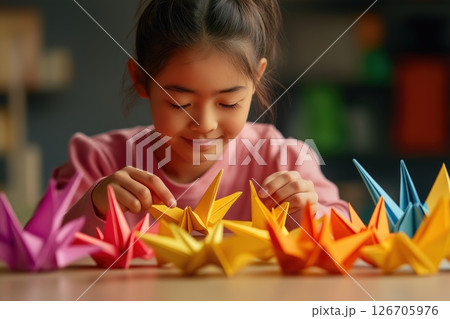 Young woman passionately creating colorful origami cranes in a cozy workspace 126705976