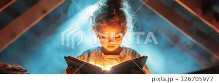 Young girl discovers magic in a dimly lit attic while reading a glowing book 126705977