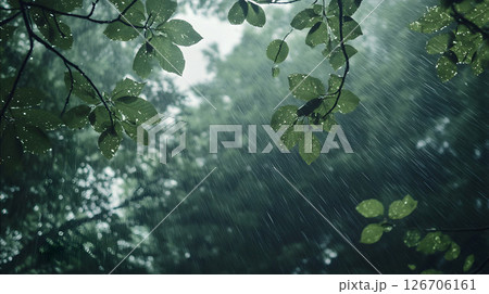 雨が降る中で木々の合間から見える雨の風景 雨が降る中で木々の合間から見える雨の風景 126706161