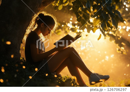 Girl enjoying a book under a sunlit tree with warm golden tones and peaceful ambiance Girl enjoying a book under a sunlit tree with warm golden tones and peaceful ambiance 126706297
