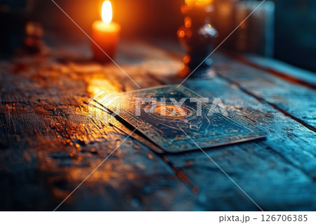 Close up of a tarot card on a rustic table with candlelight creating a mystical atmosphere 126706385