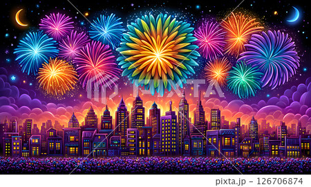 カラフルな花火がイラスト風の都市の夜空に輝く 126706874