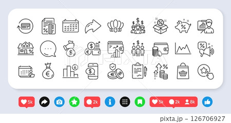 Loan percent, Wallet and Accounting line icons pack. Social media: share, comment, like icons. Clipboard, Decreasing graph, Loyalty star web icon. Vector 126706927