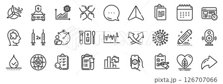 Checklist, Decreasing graph and Inspect line icons pack. Share, Message, Paper plane icons. 3d app, Coronavirus statistics, Local grown web icon. Vector 126707066