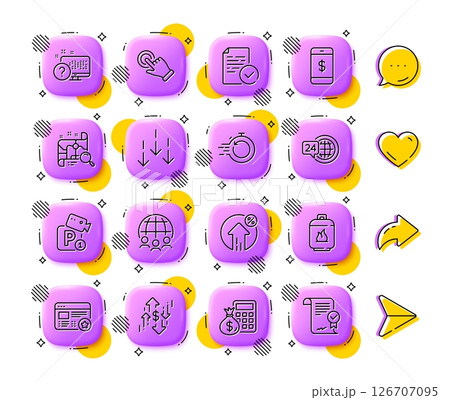 Parking security, Smartphone payment and Scroll down line icons. App 3d buttons. Social media comment, share, like icons. Pack of Favorite, Search map, Compliance icon. Vector 126707095