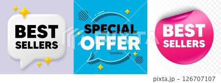 Best sellers speech bubble. 3d sparkles chat, Paper sticker. Best sellers tag. Special offer price sign. Advertising discounts symbol. Special offer bubble. Halftone dots pattern. Vector Best sellers speech bubble. 3d sparkles chat, Paper sticker. Best sellers tag. Special offer price sign. Advertising discounts symbol. Special offer bubble. Halftone dots pattern. Vector 126707107