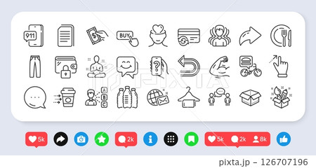 Pay money, Coffee delivery and World mail line icons pack. Social media: share, comment, like icons. Creativity, Copy files, Yoga web icon. Undo, Food delivery, Group pictogram. Vector 126707196