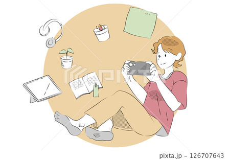 スマホでくつろぐ男性と日常アイテムのイラスト 126707643