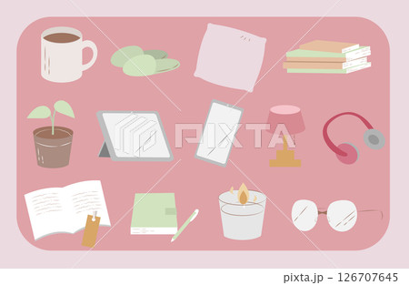 カラフルな日常の家庭アイテムのイラストセット 126707645