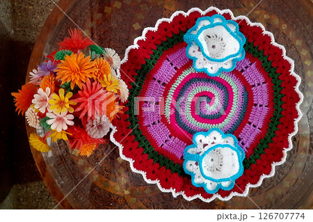 Wool Knitted Handicrafts on Table Wool Knitted Handicrafts on Table 126707774