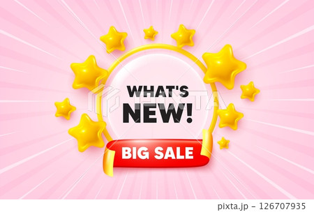 Whats new sunburst ray banner. Big sale flag ribbon. Whats new tag. Special offer sign. New arrivals symbol. 3d stars glitter. Red ribbon tag. Discount offer. Vector 126707935