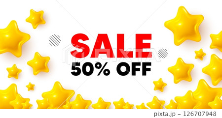 Sale winner banner with 3d stars. Golden stars banner. Sale 50 percent off discount. Promotion price offer sign. Retail badge symbol. Review rate background. Vector 126707948