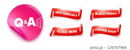 Questions answers sticker, offer ribbons. Black friday, coming soon. Questions and answers icon. Answer question sign. Faq symbol. Pink sticker tag. Flag ribbon banners. Vector 126707966