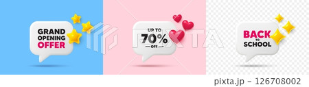 Discount tag chat speech bubble. 3d stars, sparkles, hearts chat bubbles. Up to 70 percent off sale. Discount offer price sign. Special offer symbol. Save 70 percentages. Vector 126708002
