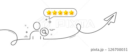 Search User line icon. Continuous line with share plane. Profile Avatar with Magnifying glass sign. Person silhouette symbol. Five star rate review in speech bubble. Vector 126708031