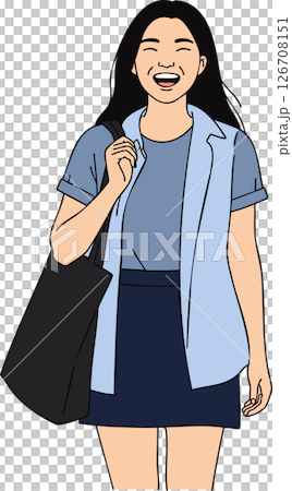 A cheerful cartoon illustration of a young woman smiling, wearing a white t-shirt, dark skirt, and carrying a black tote bag, with a light blue jacket draped over her shoulders. 126708151