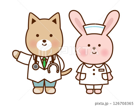 かわいい動物のお医者さん・ナースイラストセット|犬・うさぎ かわいい動物のお医者さん・ナースイラストセット|犬・うさぎ 126708365
