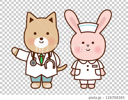 かわいい動物のお医者さん・ナースイラストセット|犬・うさぎ かわいい動物のお医者さん・ナースイラストセット|犬・うさぎ 126708365