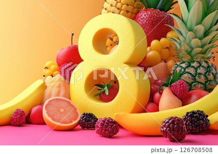 A large number 8 made out of fruit, including bananas, oranges, and strawberries 126708508